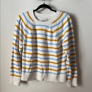 LOFT White, Blue, and Yellow Striped Crew Neck Sweater